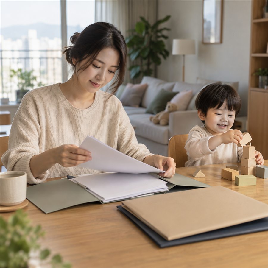 육아휴직 기간, 기본 1년과 추가 6개월의 확인 기준 2 육아휴직 준비 폴더를 정리하는 부모와 곁에서 노는 아이