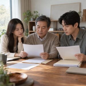 상속재산 자료를 분류하는 차분한 가족