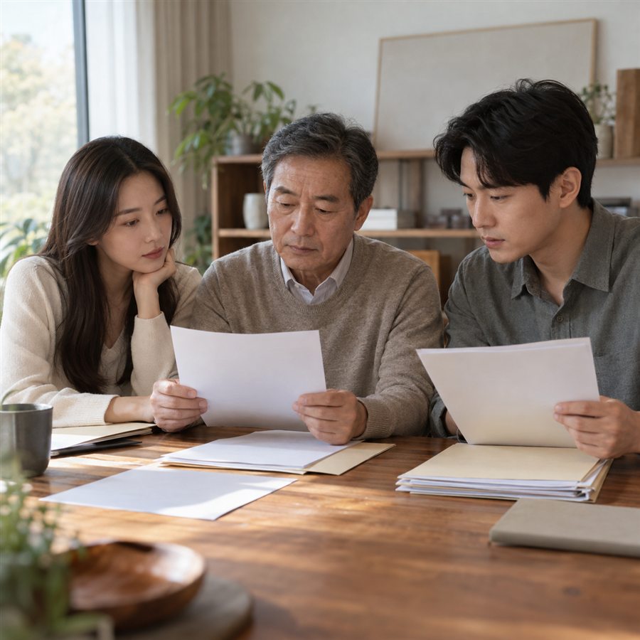 상속재산 자료를 분류하는 차분한 가족