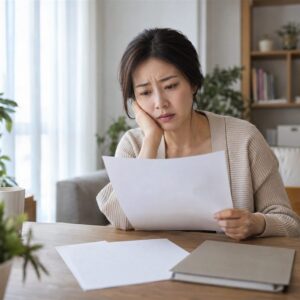 보험금 거절 통지를 받은 상황을 고민하는 성인 여성