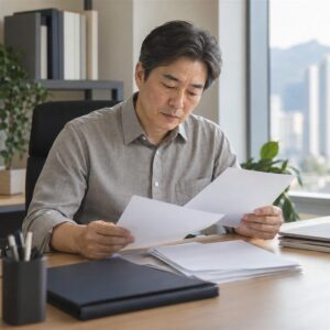 업무 책상에서 퇴직 임금 자료를 점검하는 중년 남성