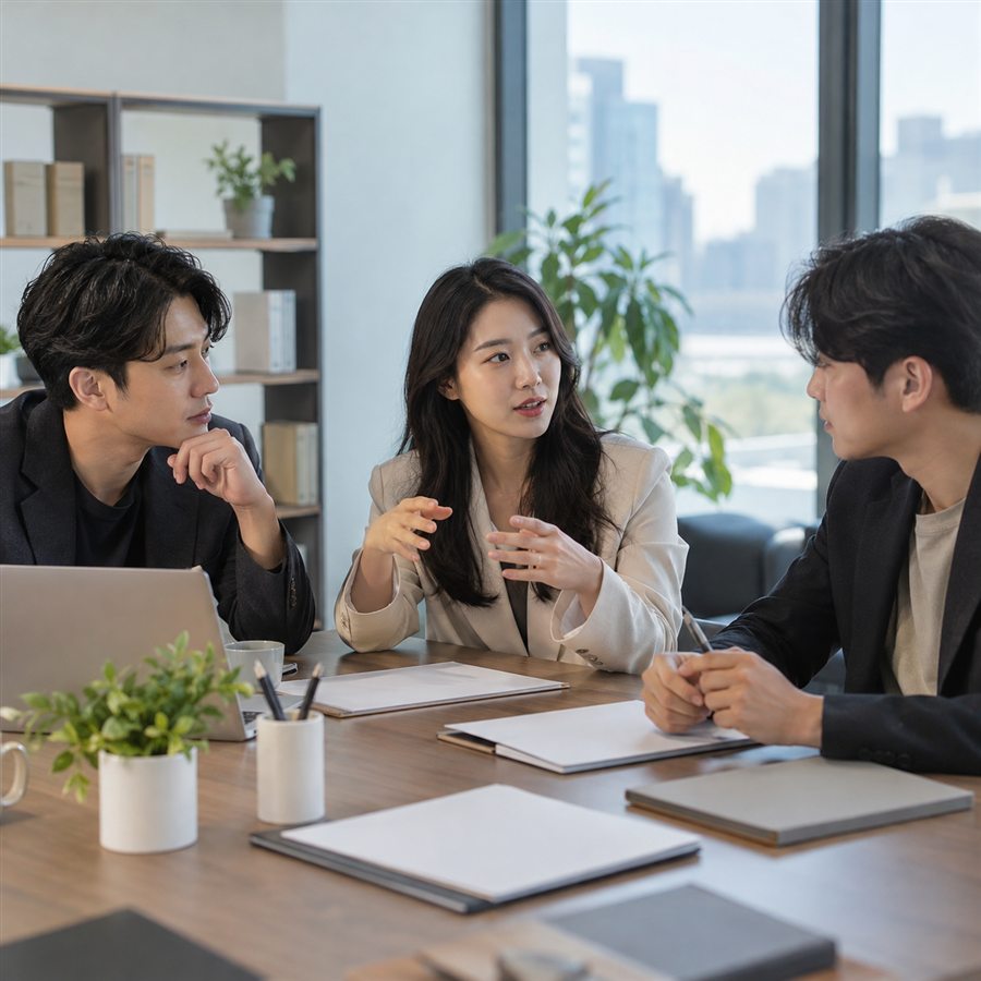 새 사무실에서 회사 설립을 의논하는 공동창업자