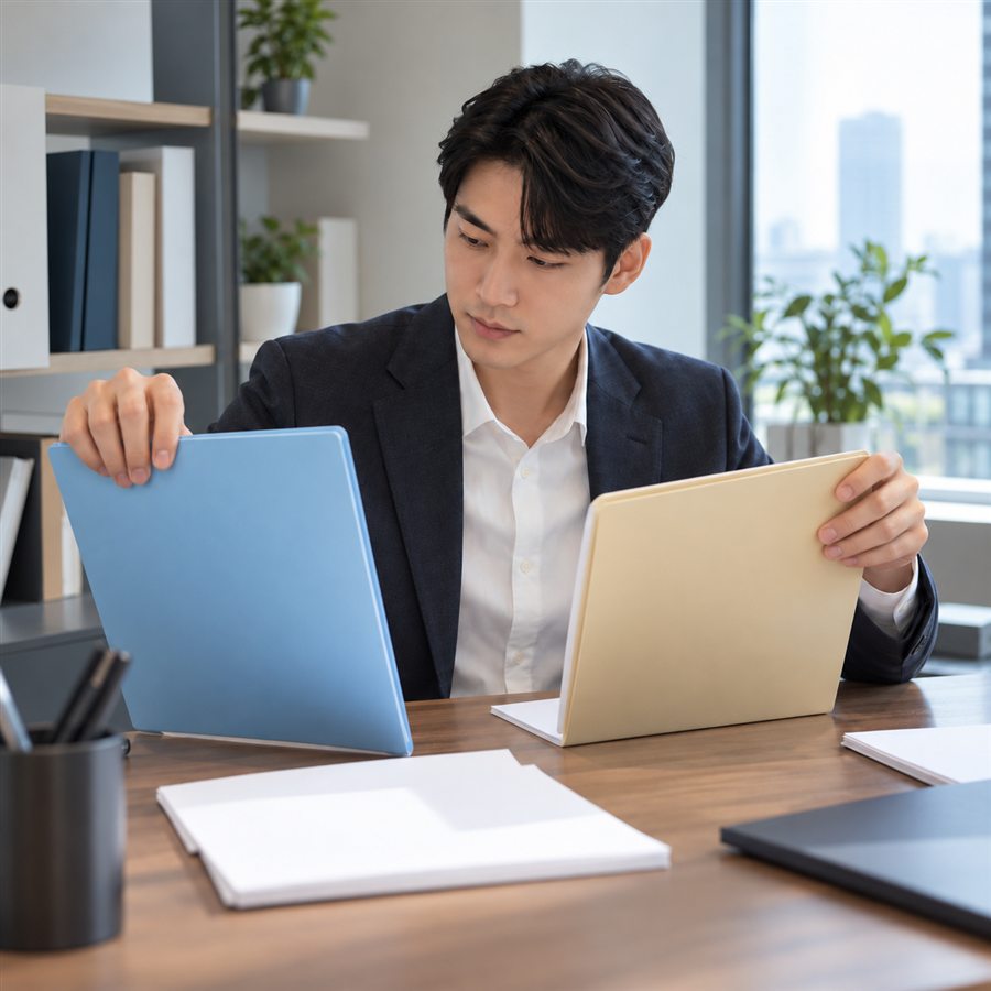 설립 준비 자금과 운영 예산 폴더를 구분하는 창업자의 손