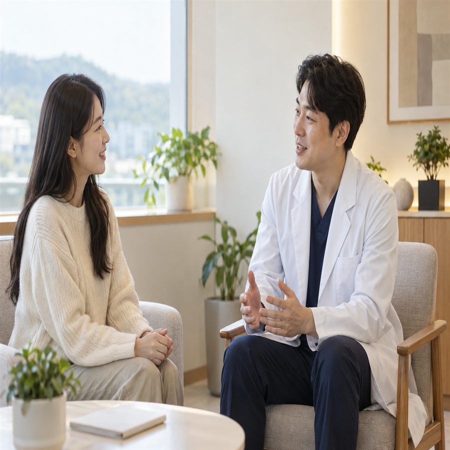 암보험 면책기간 보장개시일과 감액기간을 혼동하지 않는 방법 2 밝은 진료실에서 의사와 상담하는 환자