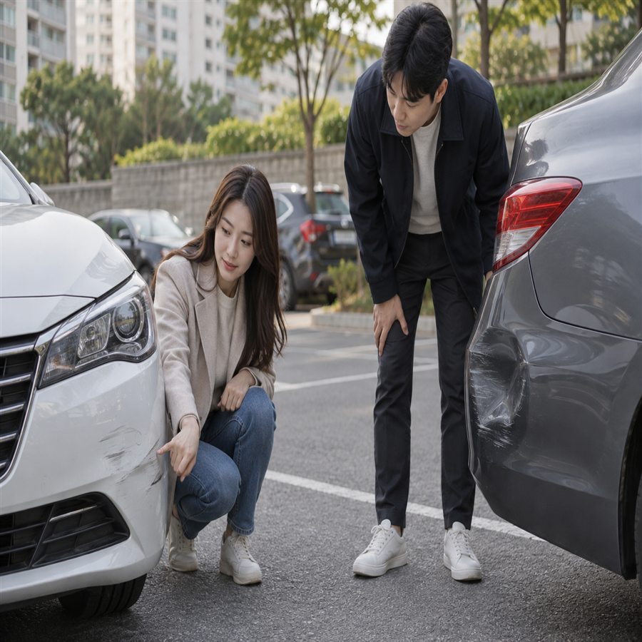 자동차보험 대물배상 3 경미한 접촉사고 후 상황을 논의하는 운전자들