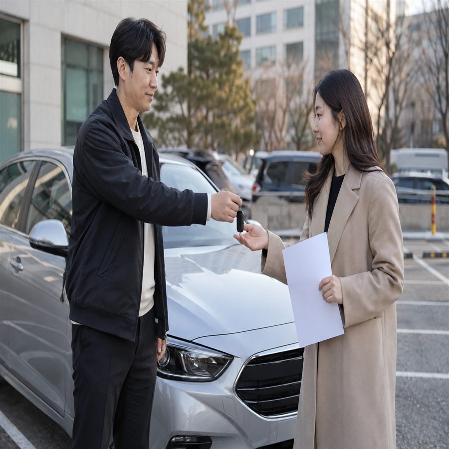 차량 열쇠를 건네며 자동차 소유권 이전을 준비하는 당사자
