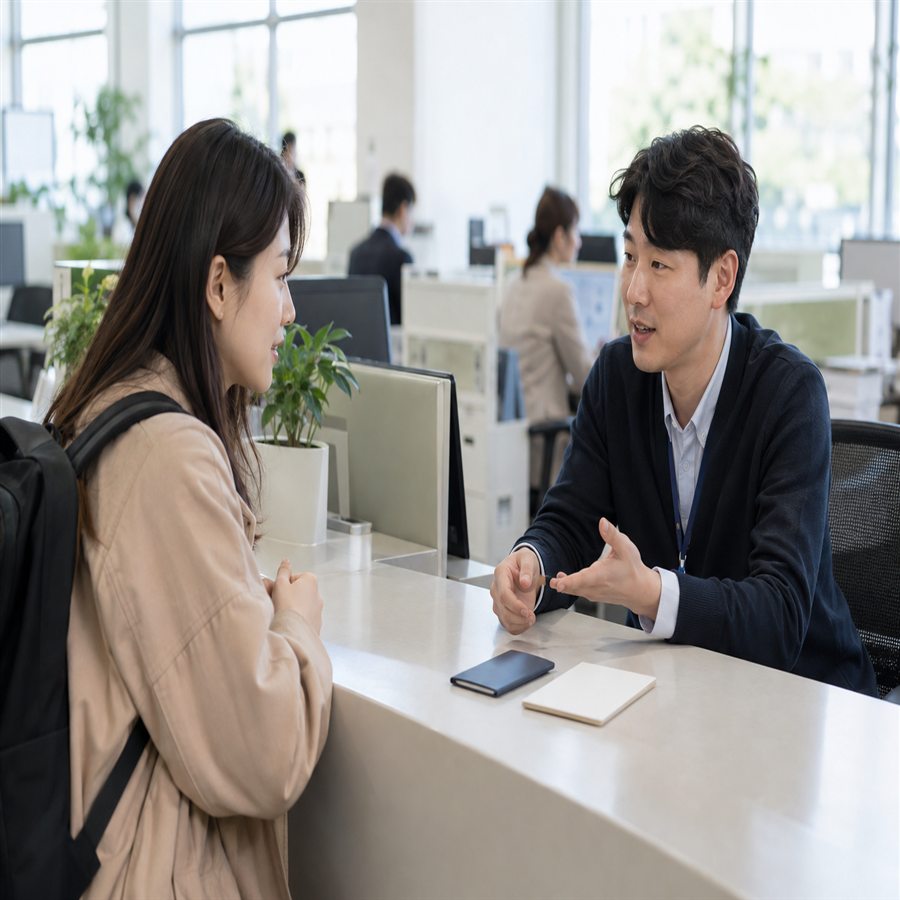 국제운전면허증 발급을 창구에서 상담하는 여행자