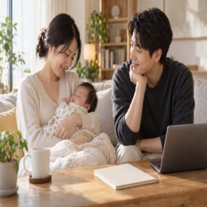 육아휴직 급여 확인을 준비하는 부모와 아기