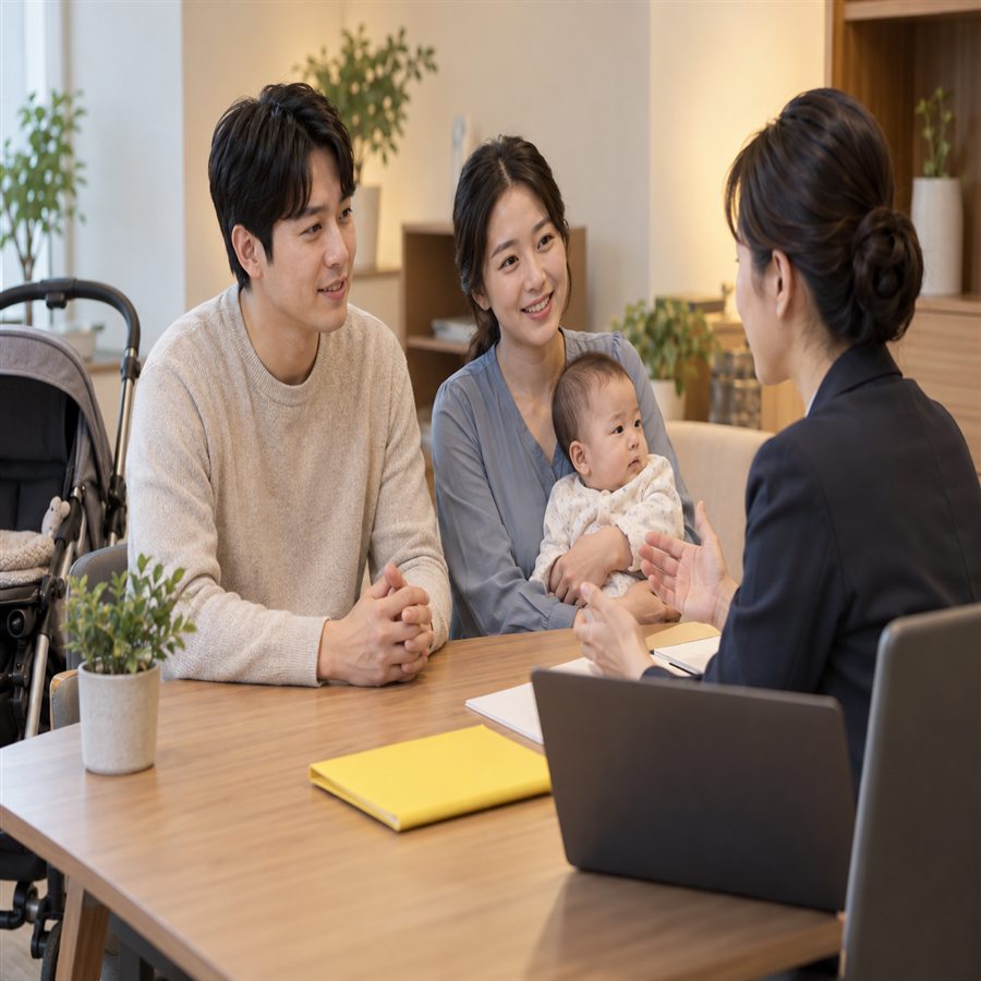 육아휴직 급여 신청 조건을 담당자와 상담하는 부모