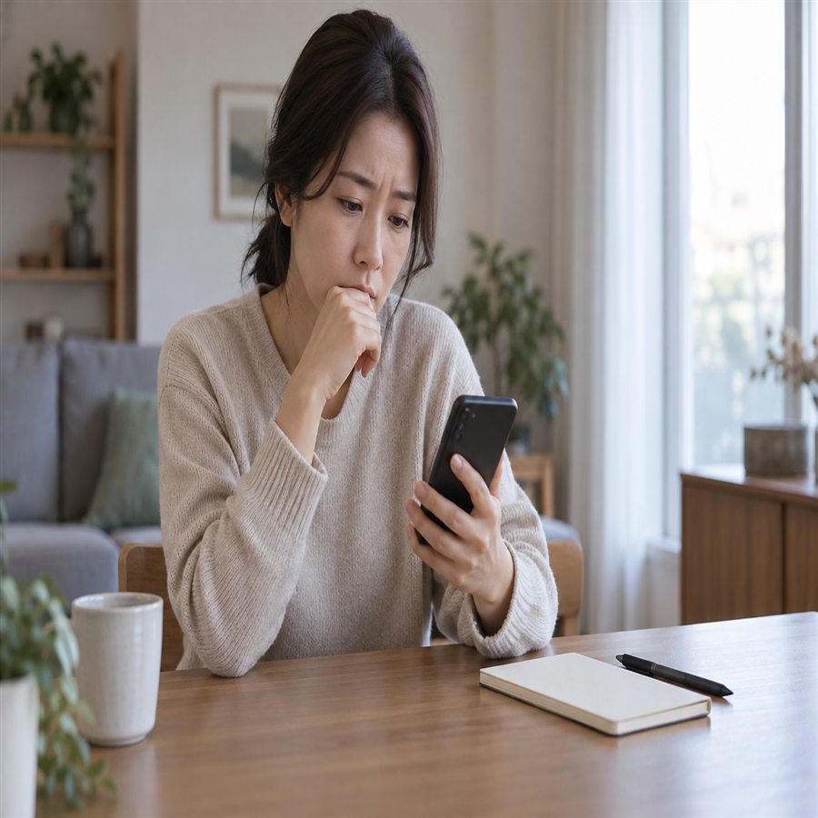 모욕죄 고소 준비를 위해 휴대전화를 확인하는 피해자