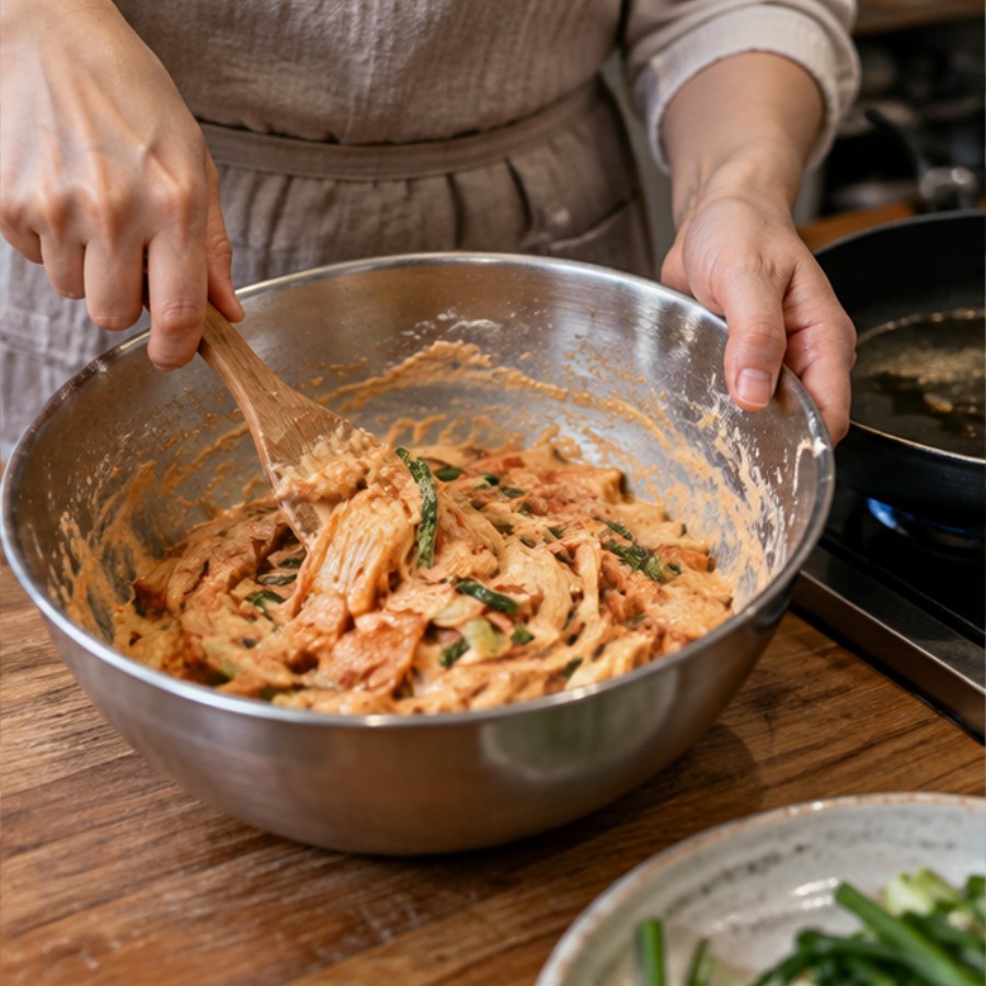김치전 레시피, 반죽 비율과 바삭하게 굽는 순서 2 김치전 레시피 확인 과정