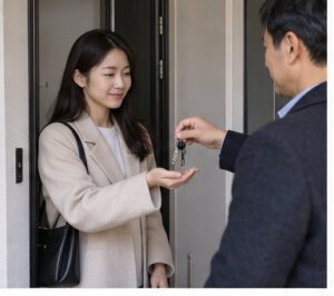 아파트 출입구에서 열쇠를 건네는 임차인과 관계자