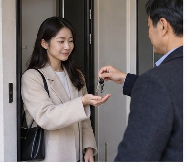 아파트 출입구에서 열쇠를 건네는 임차인과 관계자