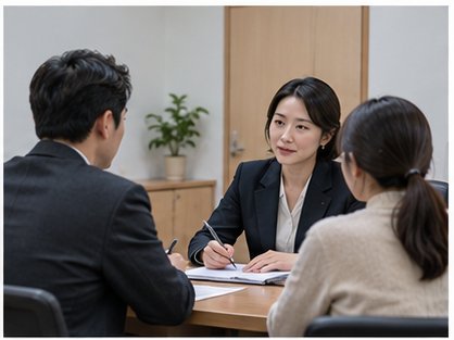 가사 법원 상담 공간에서 절차를 듣는 장면