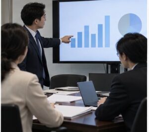 주식분할 비율을 도형으로 검토하는 회사 관계자