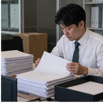 청산인이 마지막 회사 기록을 정리하는 장면