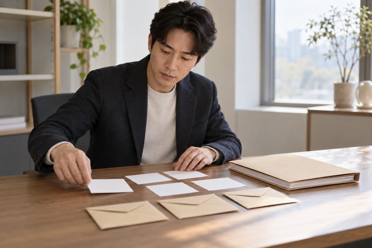 가처분 신청 비용, 담보명령까지 생각해야 하는 이유 3 표시 없는 카드와 봉투로 가처분 비용을 나누는 책상