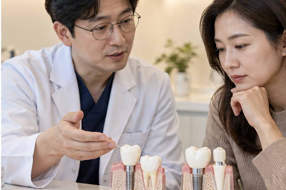 어금니 임플란트 비용 치료 선택지를 설명하는 장면