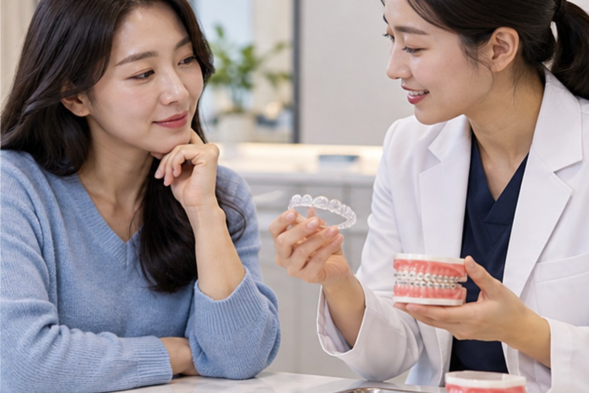 소아치아교정 비용 치료 선택지를 설명하는 장면