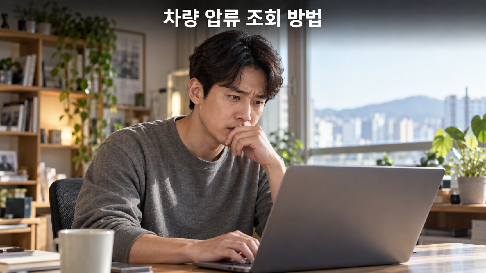 노트북으로 차량 압류 조회 방법을 확인하는 남성
