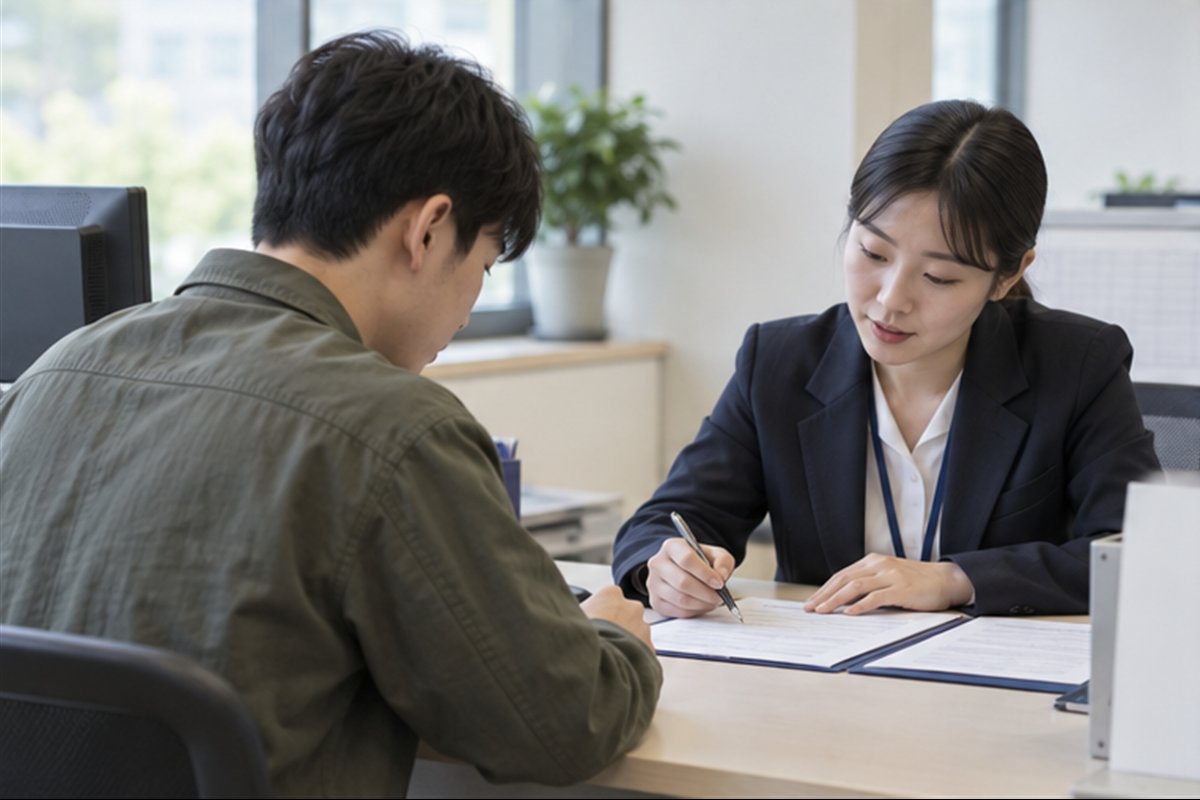 실업급여 수급자격 신청 공식 절차를 상담하고 점검하는 모습