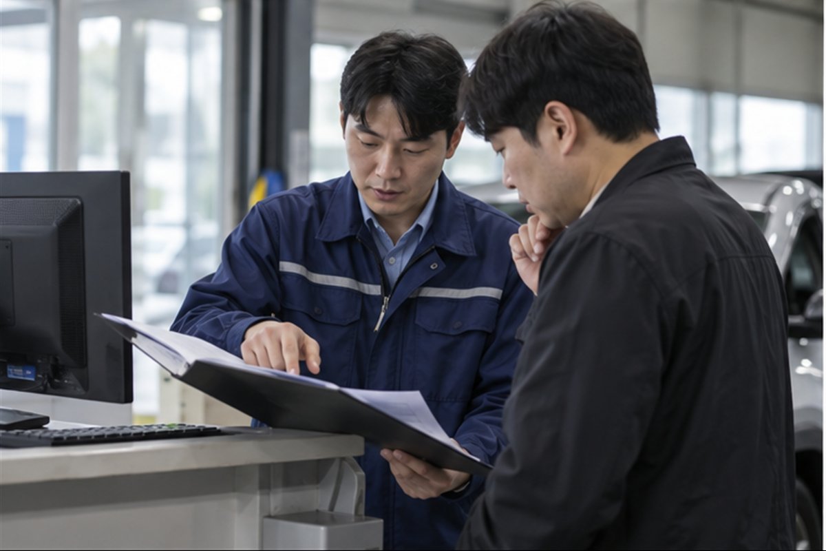 침수차량 조회 공식 절차를 상담하고 점검하는 모습