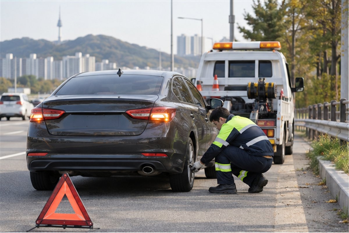 자동차보험 긴급출동서비스 관련 상황을 확인하는 사람