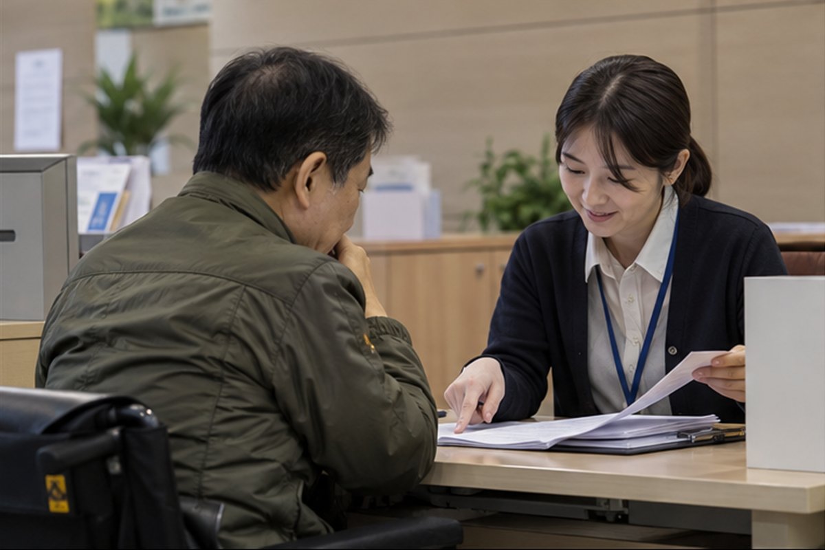 장애인연금 신청 공식 절차를 상담하고 점검하는 모습
