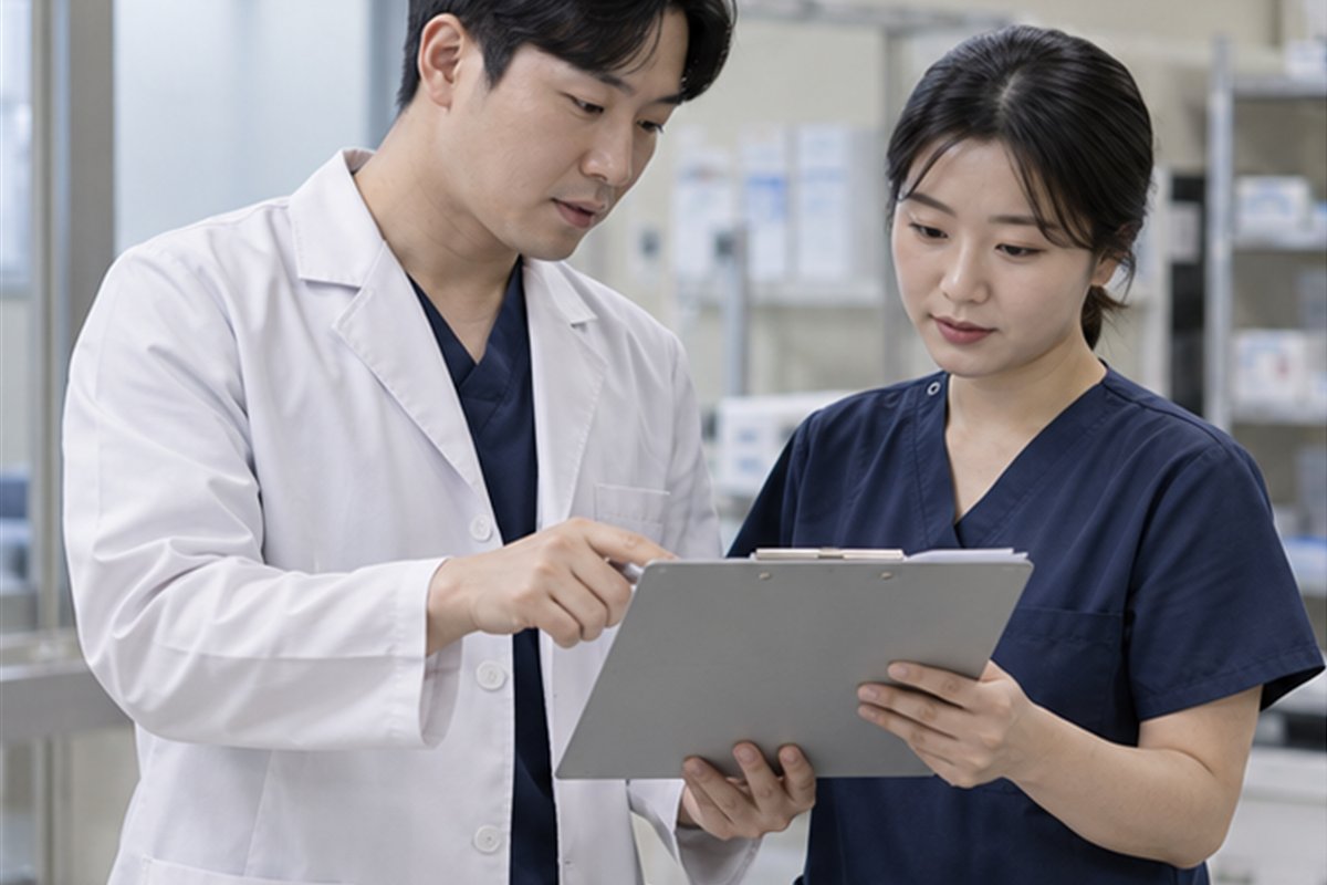 의료기기 공급내역 보고 공식 절차를 상담하고 점검하는 모습