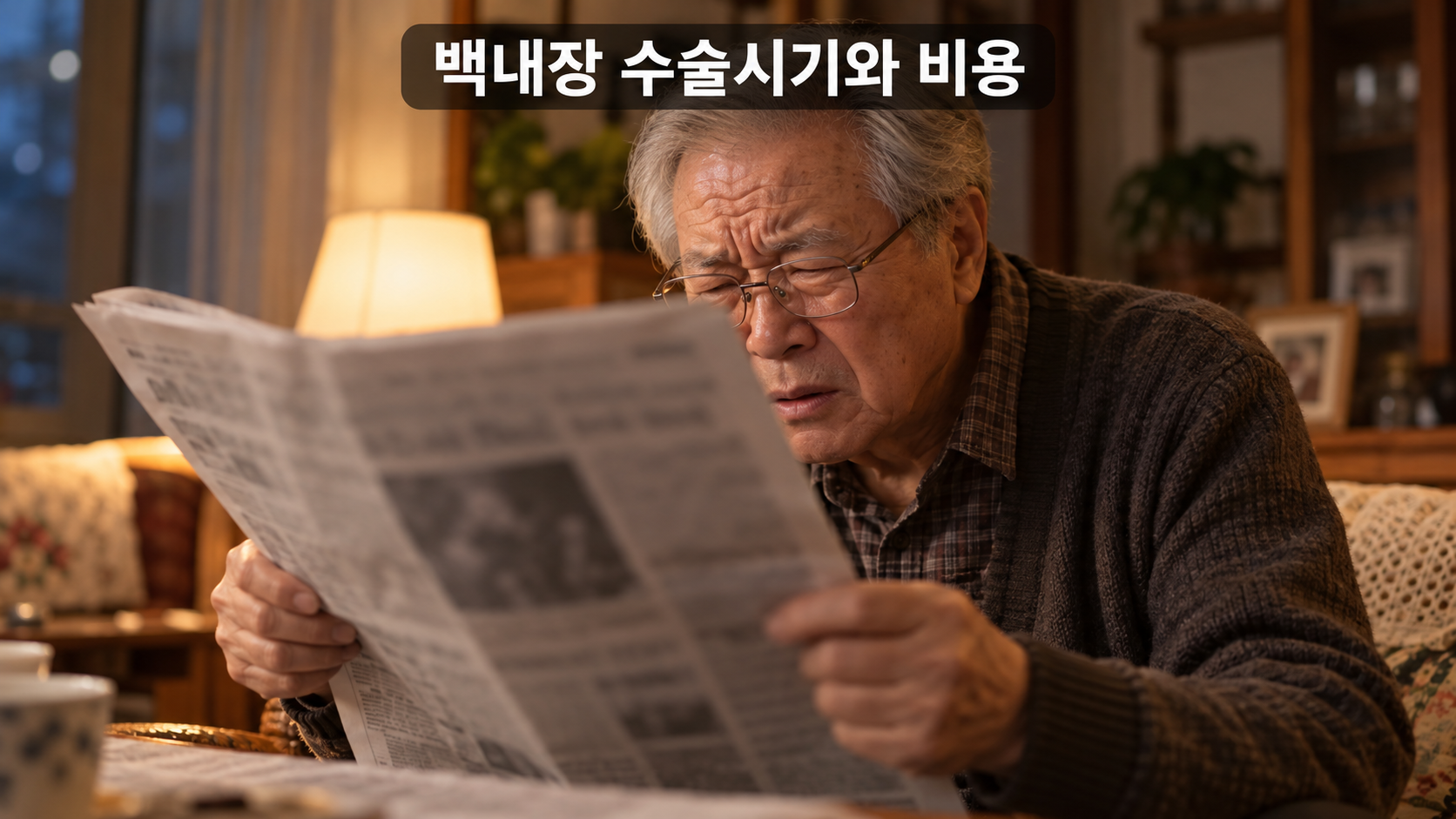 어두운 조명 아래 신문을 눈을 찌푸리며 읽는 노년 남성