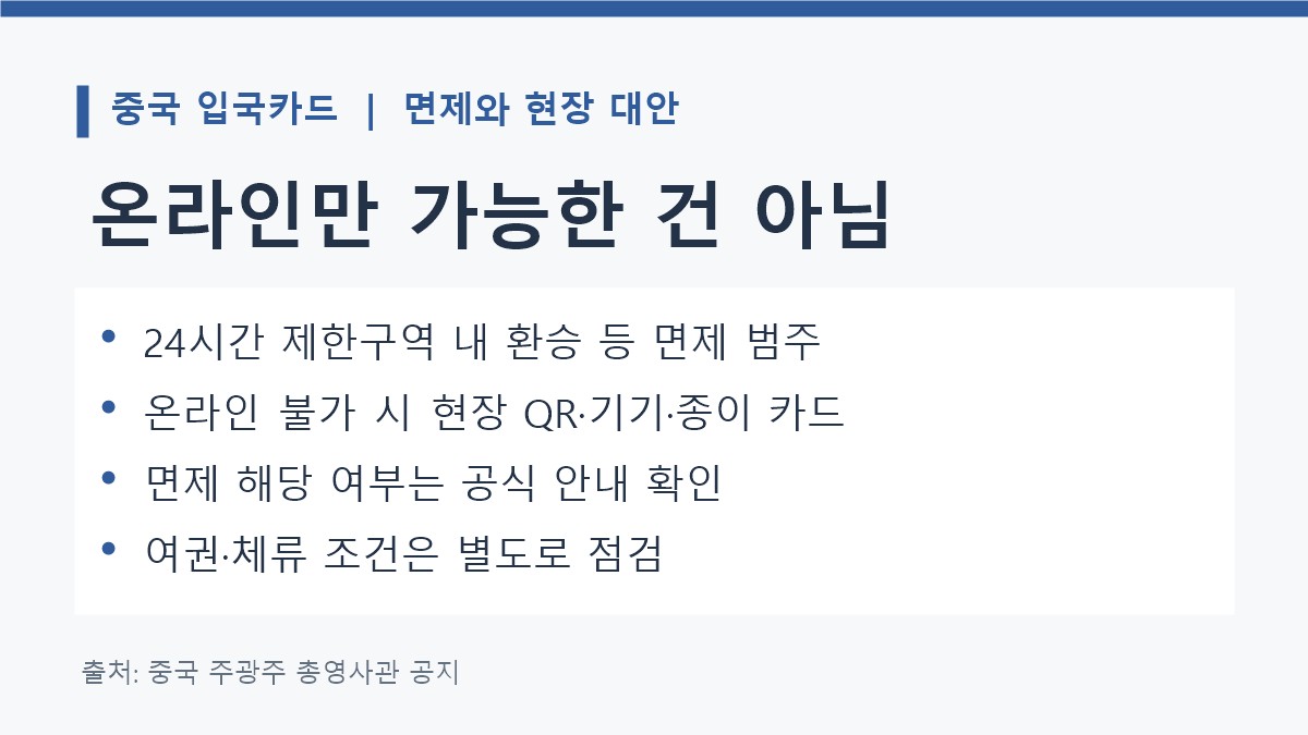 중국 입국카드 현장 QR·기기·종이 작성 대안과 24시간 제한구역 내 환승 면제 사례 카드