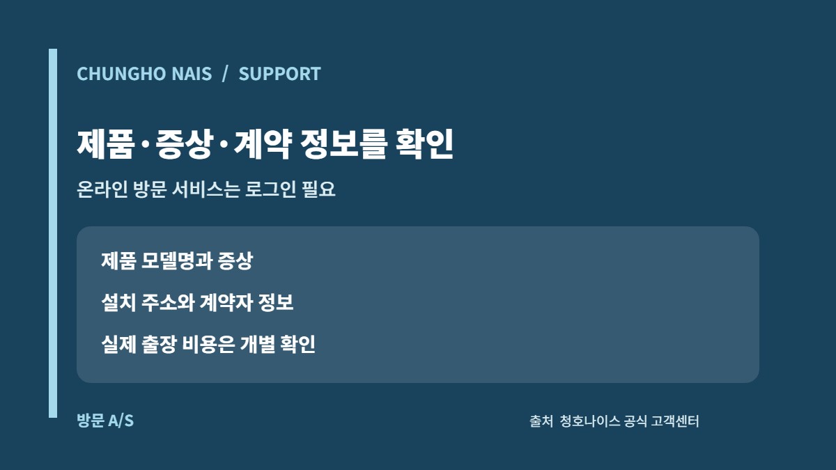 청호나이스 고객센터: 본사 A/S·방문서비스·상담시간 2 청호나이스 방문 A/S 신청 전 제품 모델명·증상·계약 정보를 확인하는 카드