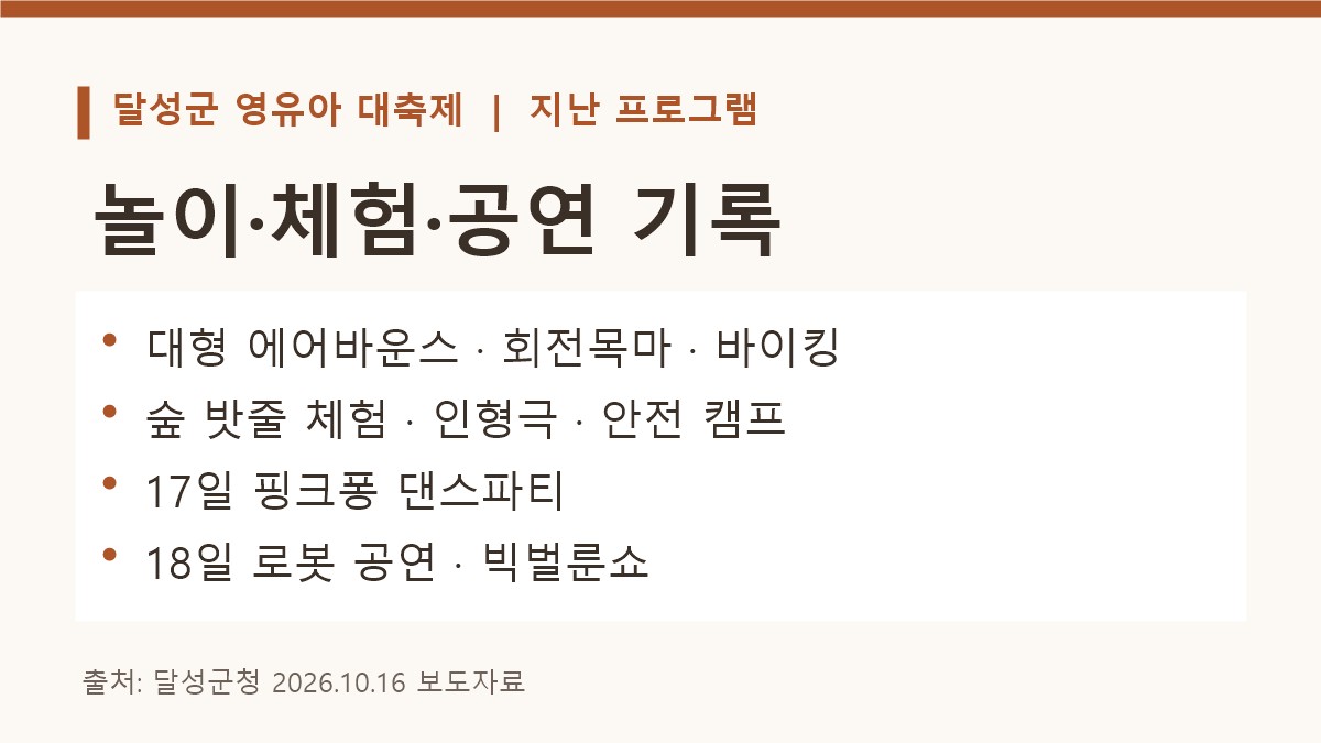 2026 달성군 영유아 대축제 놀이기구와 10월 17~18일 주요 공연을 기록한 안내 카드