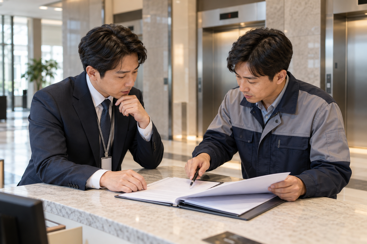 승강기 유지관리 비용, 월 관리료와 별도 수리비 구분법 3 건물 관리자와 기술자가 승강기 관리 기록을 검토하는 모습