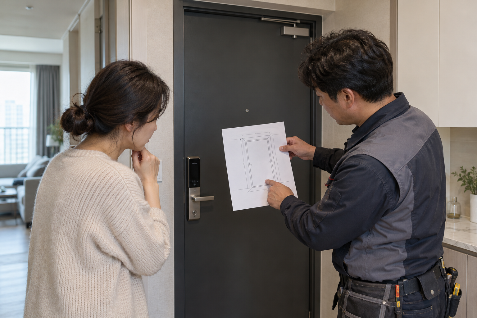 현관문 교체 비용, 문짝·문틀·부속과 주변 복구를 나누는 법 3 현관 옆에서 거주자와 담당자가 문 교체 범위를 상담하는 모습