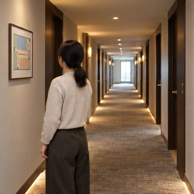 피난안내도 설치 대상, 숙박·다중이용시설 내용과 위치 기준 3 복도 방향과 벽면 피난 동선 도면을 비교하는 이용자