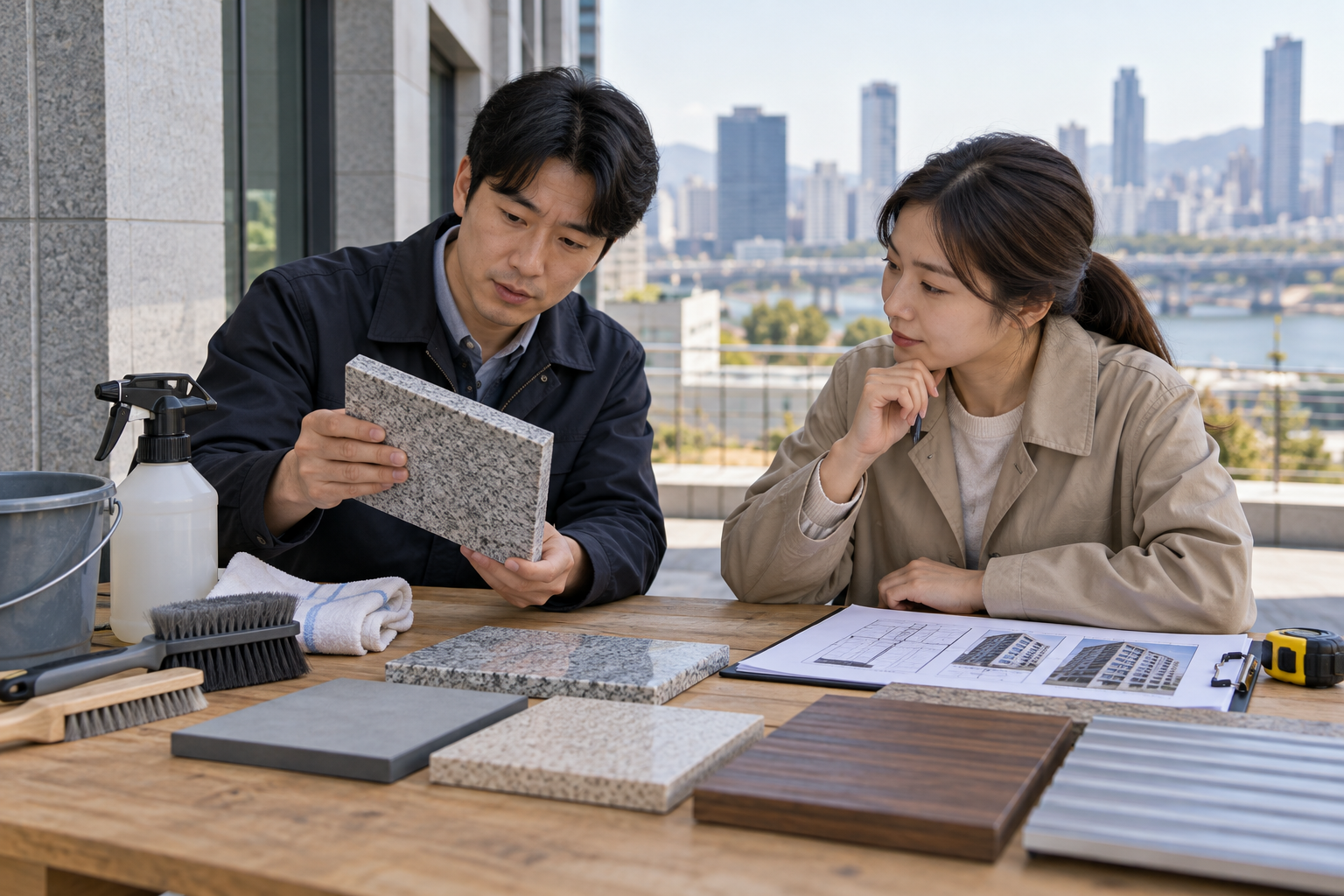 외벽 재료 견본과 세척 도구를 작업대에서 확인하는 모습
