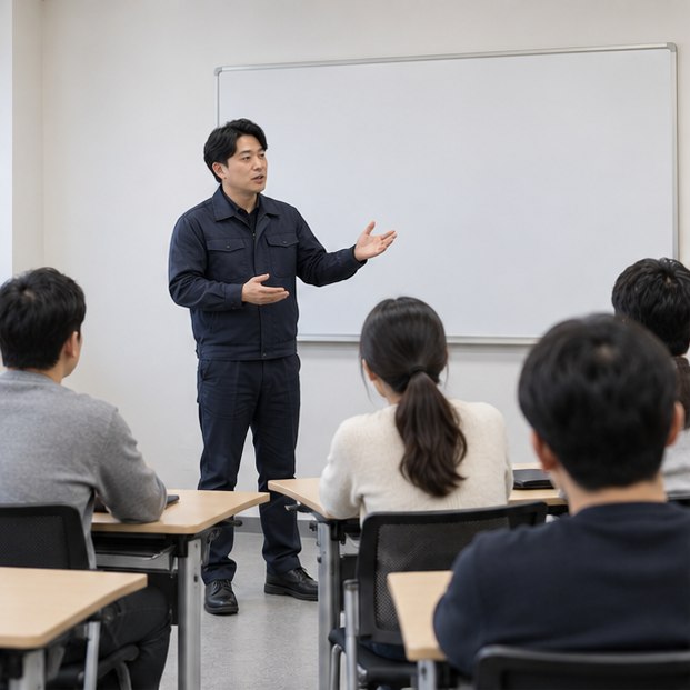 소방안전관리자 교육, 강습·실무교육 대상과 일정 확인 1 빈 교육판 앞에서 소방안전 교육을 듣는 성인 교육생