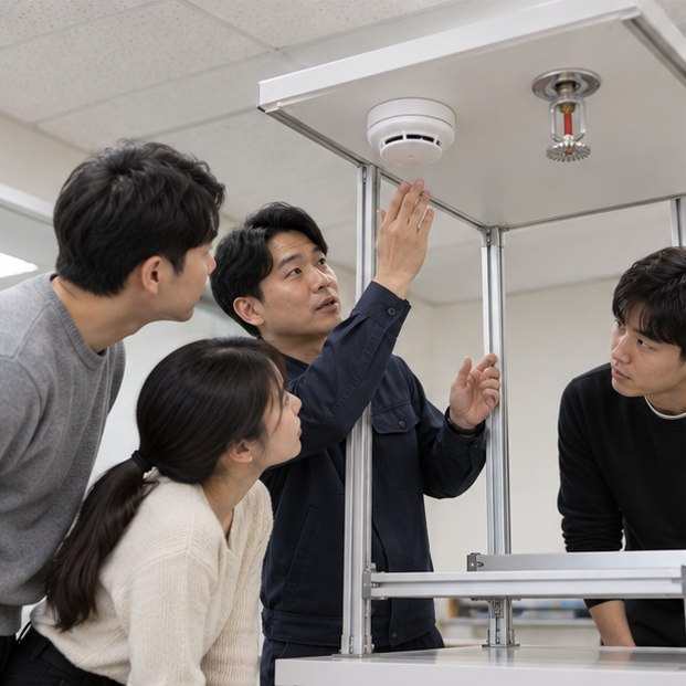 소방안전관리자 교육, 강습·실무교육 대상과 일정 확인 3 화재감지기와 스프링클러 모형을 살펴보는 교육생