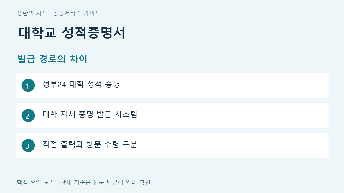 대학교 성적증명서 발급 경로의 차이 요약: 정부24 대학 성적 증명, 대학 자체 증명 발급 시스템, 직접 출력과 방문 수령 구분
