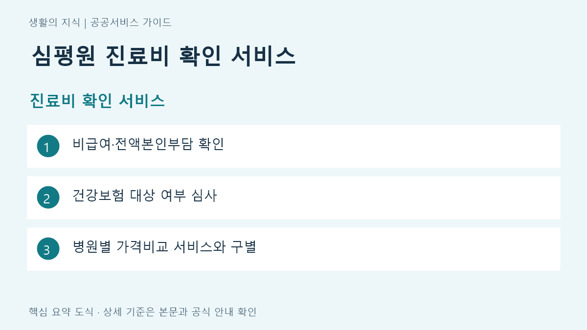 심평원 진료비 확인 서비스 진료비 확인 서비스 요약: 비급여·전액본인부담 확인, 건강보험 대상 여부 심사, 병원별 가격비교 서비스와 구별