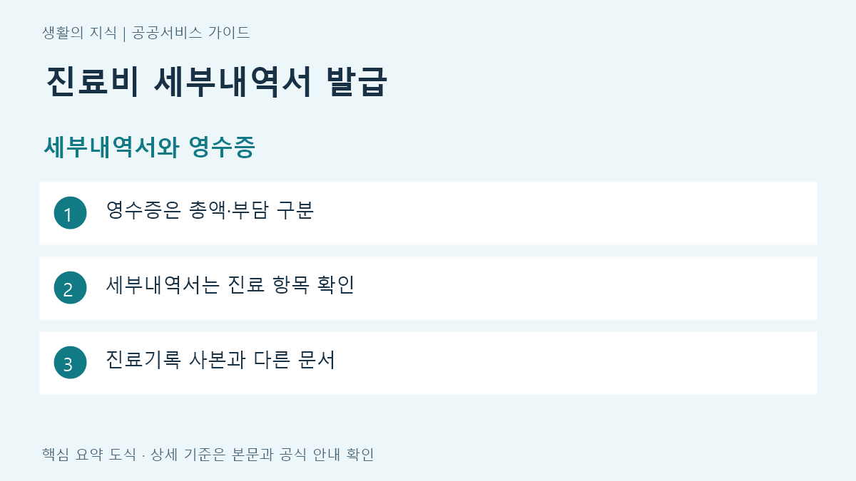 진료비 세부내역서 발급 세부내역서와 영수증 요약: 영수증은 총액·부담 구분, 세부내역서는 진료 항목 확인, 진료기록 사본과 다른 문서