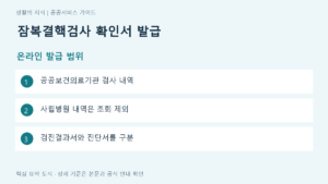 잠복결핵검사 확인서 발급 온라인 발급 범위 요약: 공공보건의료기관 검사 내역, 사립병원 내역은 조회 제외, 검진결과서와 진단서를 구분
