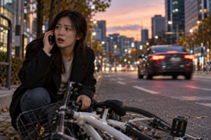 뺑소니 교통사고 신고방법, 가해자를 못 찾아도 보상받을 수 있을까 1 자전거 사고를 당한 여성이 길가에 앉아 휴대폰으로 신고 전화를 거는 모습, 멀리 사고 차량이 지나가는 도로