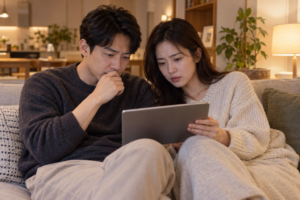주택화재보험 가입방법, 전세라도 꼭 들어야 하는 이유 10 거실 소파에서 태블릿을 함께 보며 걱정스러운 표정을 짓는 부부
