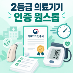 2등급 의료기기 인증 원스톱 처리, 40일에서 25일로 단축됩니다 12 보청기와 혈압계 의료기기 아이콘과 인증서를 보여주는 썸네일 일러스트