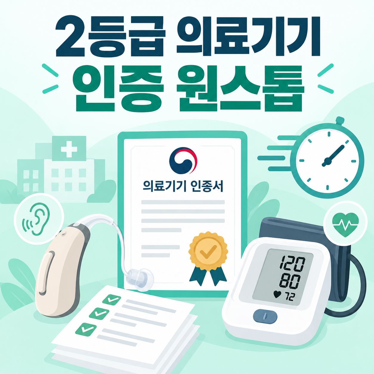 보청기와 혈압계 등 의료기기 아이콘과 인증서, 단축된 시간을 표현한 썸네일 일러스트