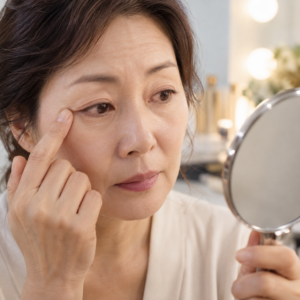 눈꺼풀처짐 원인과 자가진단법, 안검하수 치료방법 총정리 12 손거울로 눈가를 살펴보는 중년 여성의 클로즈업