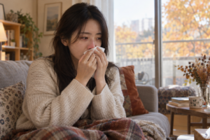 알레르기비염 치료, 감기와 구별하는 증상과 원인 총정리 10 가을철 실내에서 휴지로 코를 막으며 알레르기 비염 증상을 겪는 여성