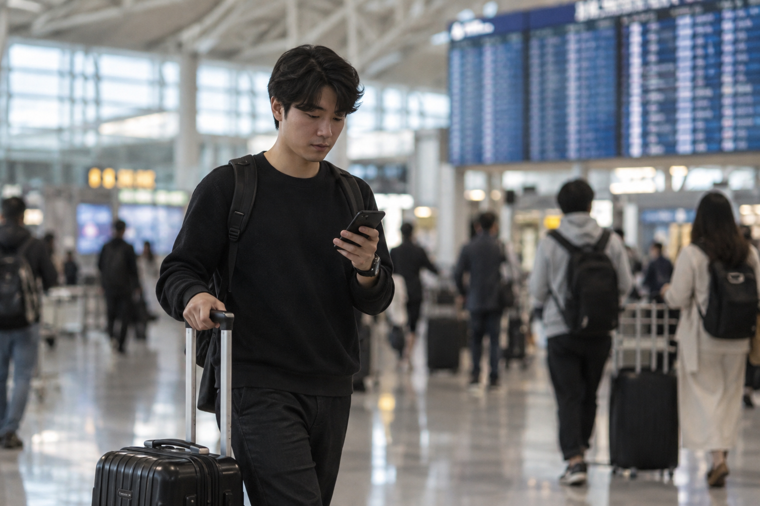 공항 출국장에서 캐리어를 끌며 휴대폰으로 일정을 확인하는 여행객